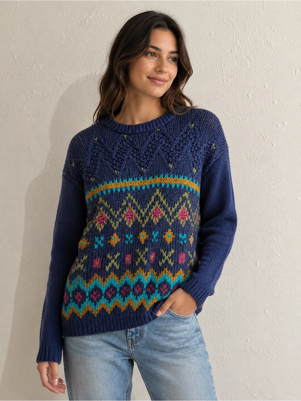 Knitted by hand Women's Navy Fair Isle Knit Crewneck Sweater S